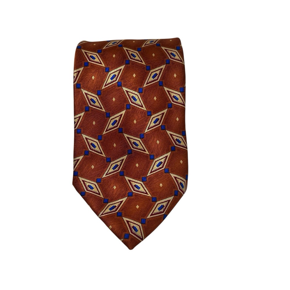 JOS A BANK Geometric‎ Pattern Necktie, 100% Silk, Orange and Blue Made In Italy.